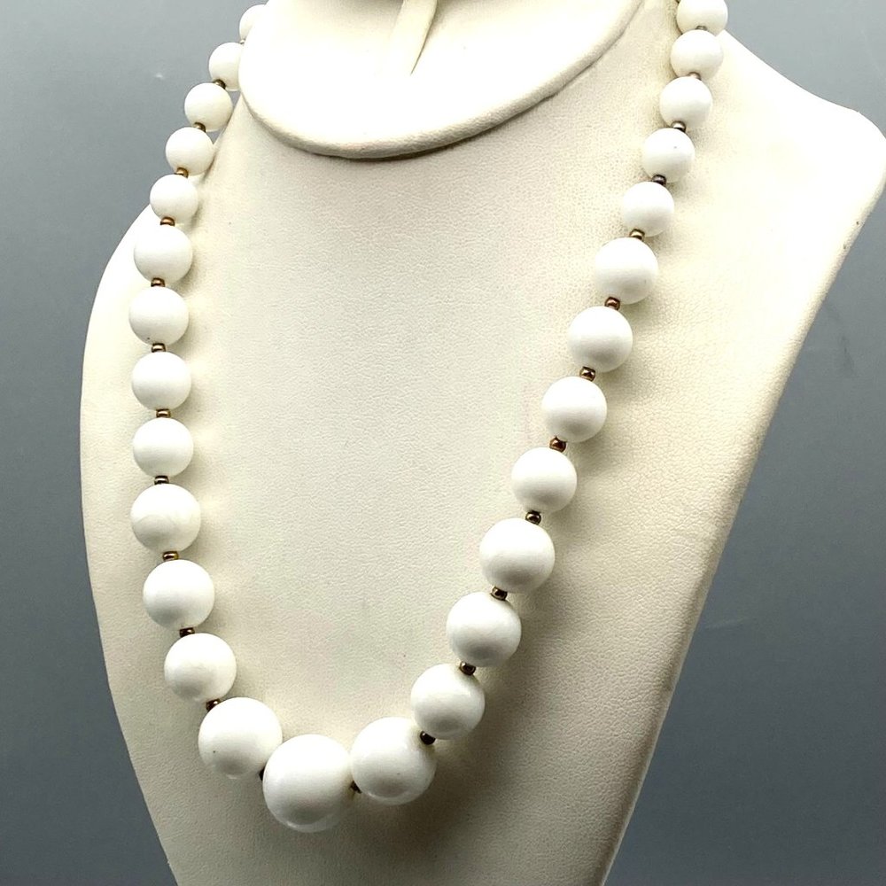Vintage Lucite Graduated Strand Necklace with White Beads and Metallic Spacers